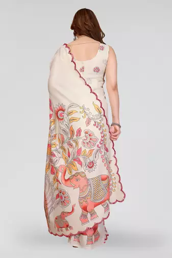 white manipuri silk kalamkari print saree with mirror work border