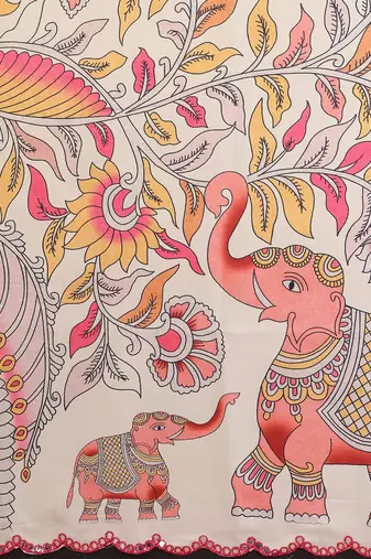 white manipuri silk kalamkari print saree with mirror work border