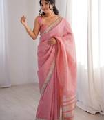 pink jari dori embroidery cotton saree with mirror work