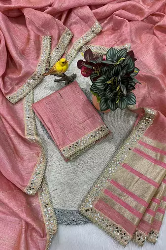 pink jari dori embroidery cotton saree with mirror work
