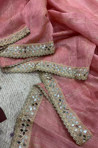 pink jari dori embroidery cotton saree with mirror work