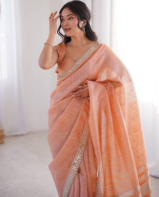 peach jari dori embroidery cotton saree with mirror work 2