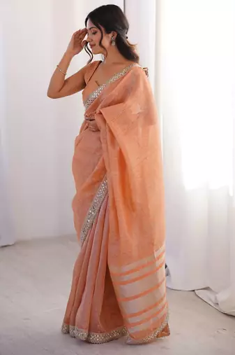 peach jari dori embroidery cotton saree with mirror work
