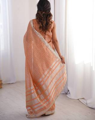 peach jari dori embroidery cotton saree with mirror work 3