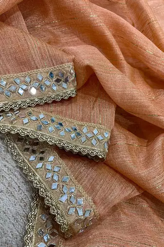 peach jari dori embroidery cotton saree with mirror work