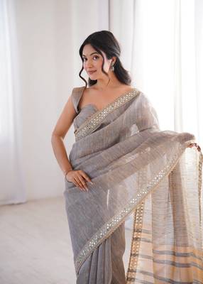 grey jari dori embroidery cotton saree with mirror work 2