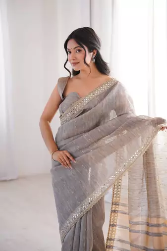 grey jari dori embroidery cotton saree with mirror work