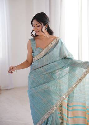 sky blue jari dori embroidery cotton saree with mirror work 2