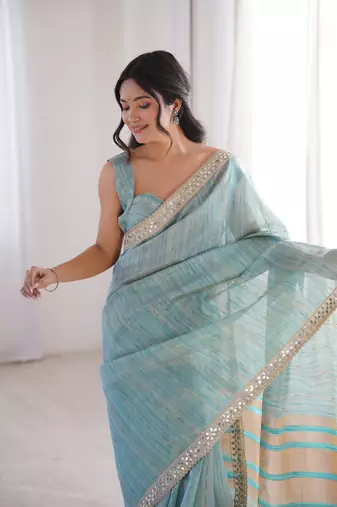 sky blue jari dori embroidery cotton saree with mirror work