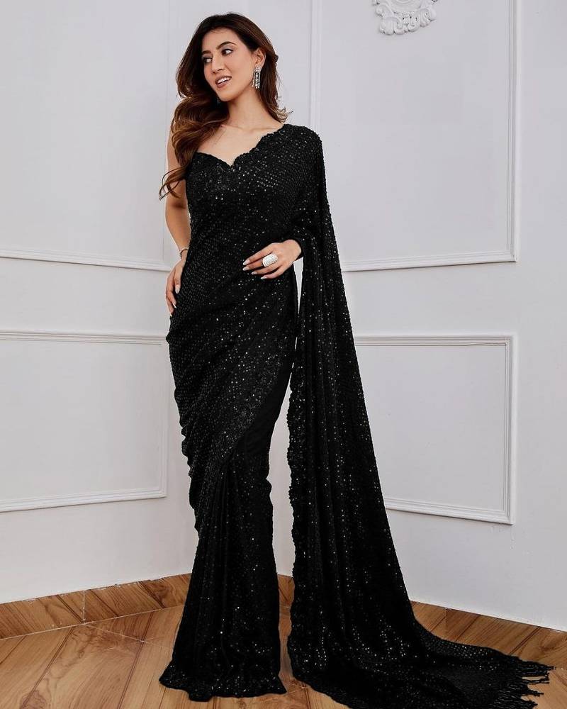 Black Color Sequence Embrodery Work Georgette Saree