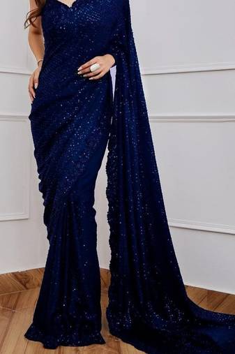 navy blue party wear georgette saree with sequin embroidery work