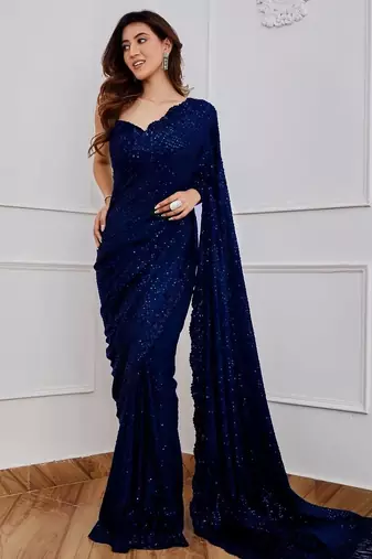 navy blue party wear georgette saree with sequin embroidery work