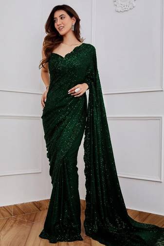 green party wear georgette saree with sequin embroidery work        