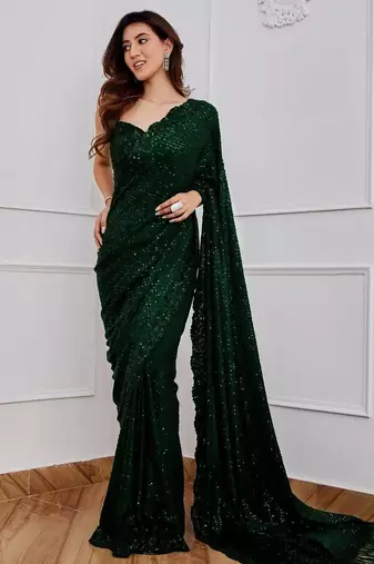 Green Color Sequence Embrodery Work Georgette Saree