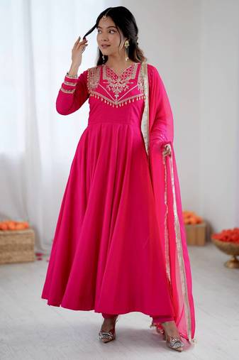 Pink Color Roman Silk Embroidery Work  Party Wear Gown