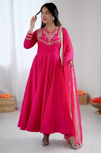 Pink Color Roman Silk Embroidery Work  Party Wear Gown