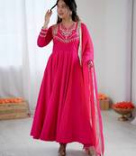 pink roman silk embroidery work salwar kameez set