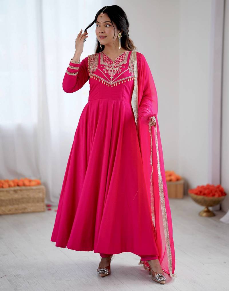 Pink Color Roman Silk Embroidery Work  Party Wear Gown