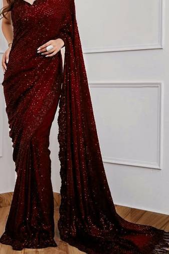 maroon party wear georgette saree with sequin embroidery work