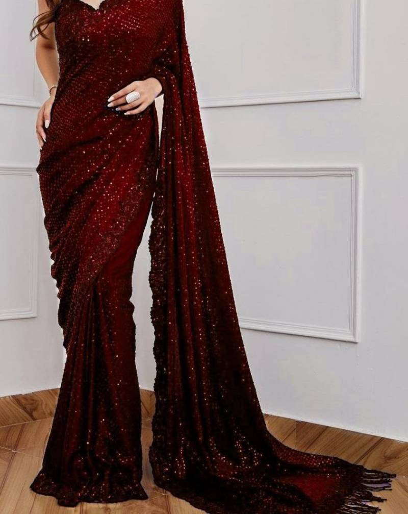 Maroon Color Sequence Embrodery Work Georgette Saree