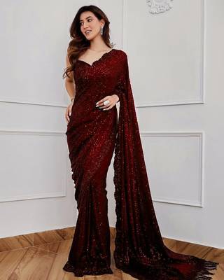 maroon party wear georgette saree with sequin embroidery work 2