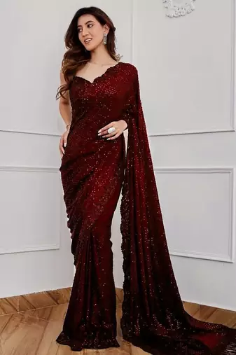 maroon party wear georgette saree with sequin embroidery work