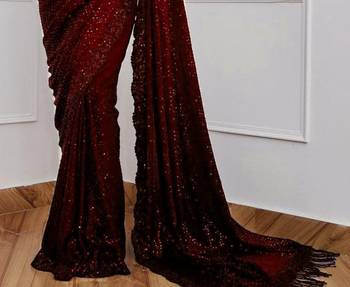 maroon party wear georgette saree with sequin embroidery work 3