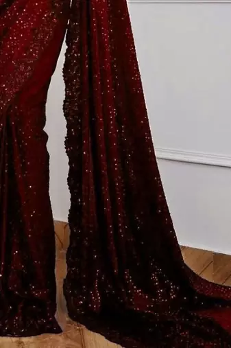 maroon party wear georgette saree with sequin embroidery work