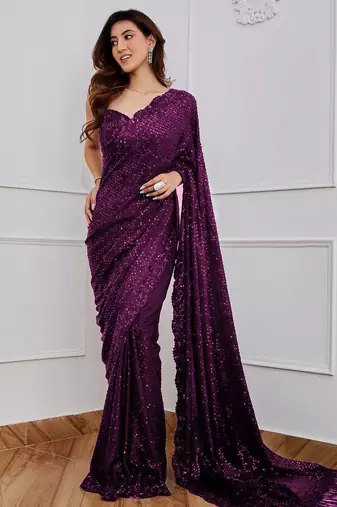 Wine Color Sequence Embrodery Work Georgette Saree