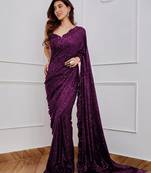 Wine Color Sequence Embrodery Work Georgette Saree