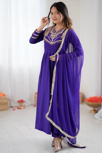 Purple Color Roman Silk Embroidery Work  Party Wear Gown