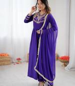 purple color roman silk embroidery work salwar kameez set