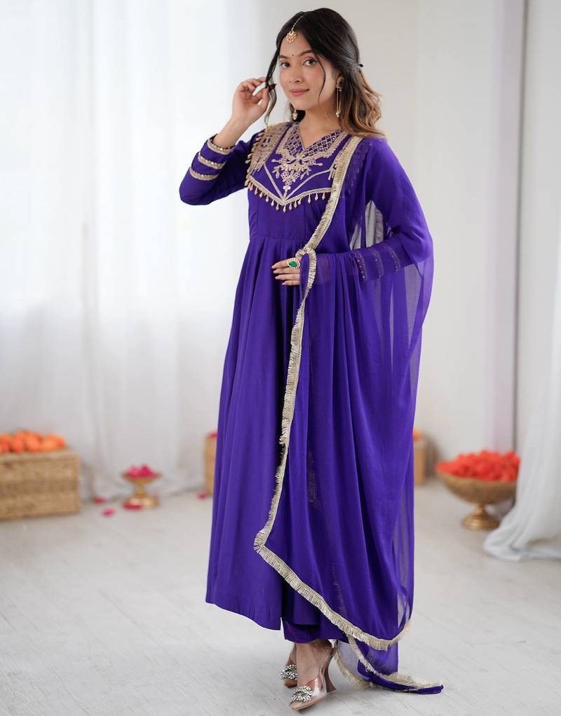 Purple Color Roman Silk Embroidery Work  Party Wear Gown