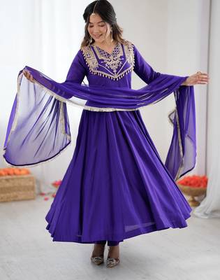 purple color roman silk embroidery work salwar kameez set 5