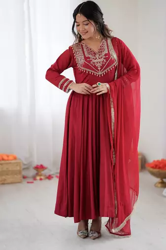 Dark Rani Color Roman Silk Embroidery Work  Party Wear Gown