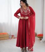 dark rani pink roman silk embroidery work salwar kameez set