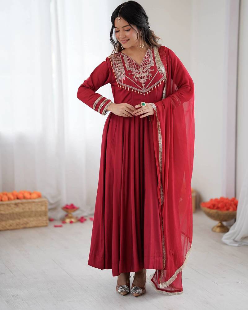 Dark Rani Color Roman Silk Embroidery Work  Party Wear Gown