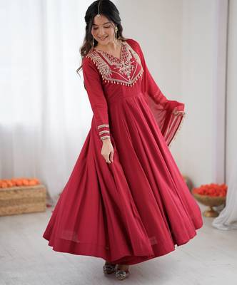 dark rani pink roman silk embroidery work salwar kameez set 3