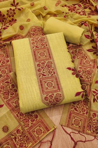 Yellow muga cotton jamdani suit dress material with dupatta