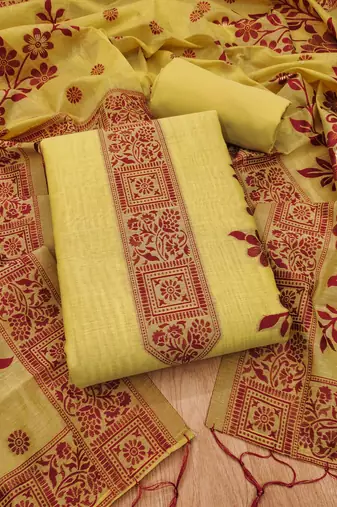 Yellow muga cotton jamdani suit dress material with dupatta