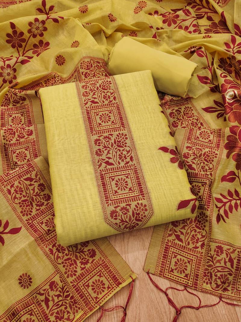Yellow muga cotton jamdani suit dress material with dupatta