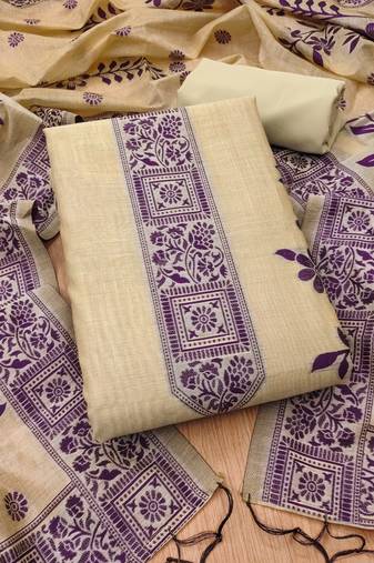 Cream muga cotton jamdani suit dress material with dupatta