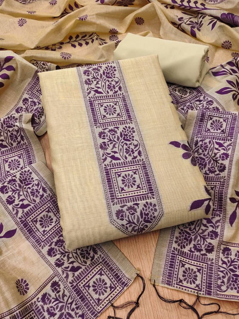 Cream muga cotton jamdani suit dress material with dupatta