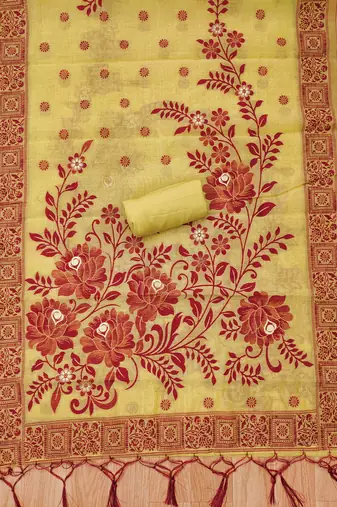 yellow muga cotton jamdani salwar suit with dupatta