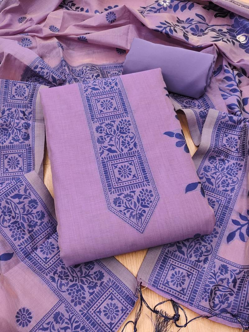 Purple muga cotton jamdani suit dress material with dupatta