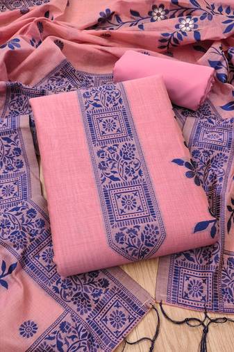 Pink muga cotton jamdani suit dress material with dupatta