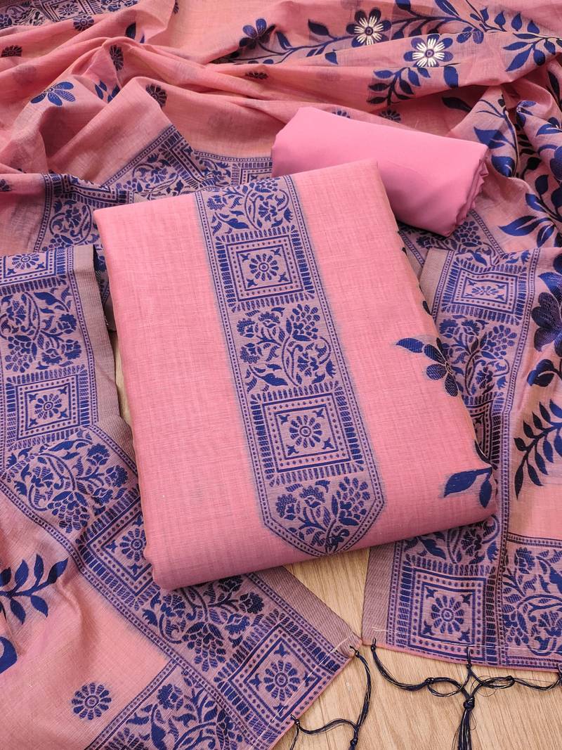 Pink muga cotton jamdani suit dress material with dupatta
