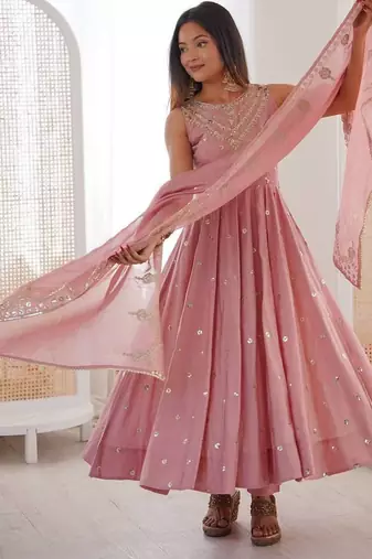 Baby Pink Color Roman Silk Embroidery Work  Party Wear Gown