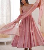 baby pink roman silk embroidered anarkali suit