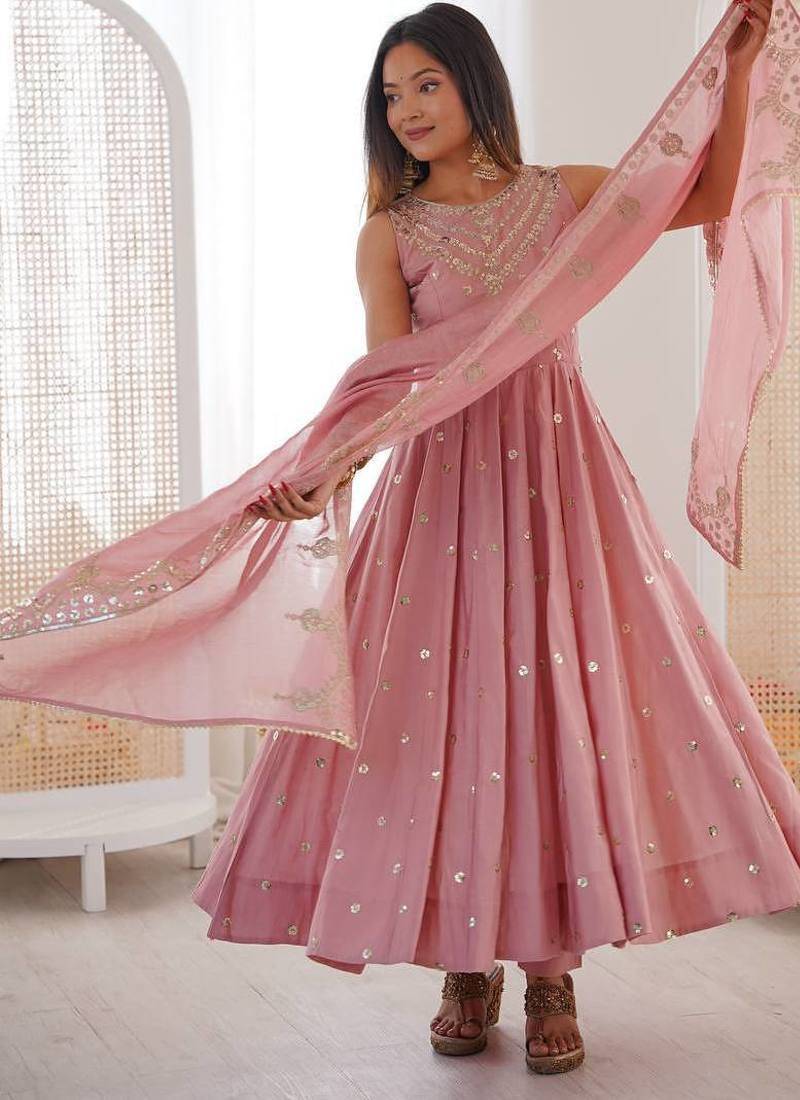 Baby Pink Color Roman Silk Embroidery Work  Party Wear Gown